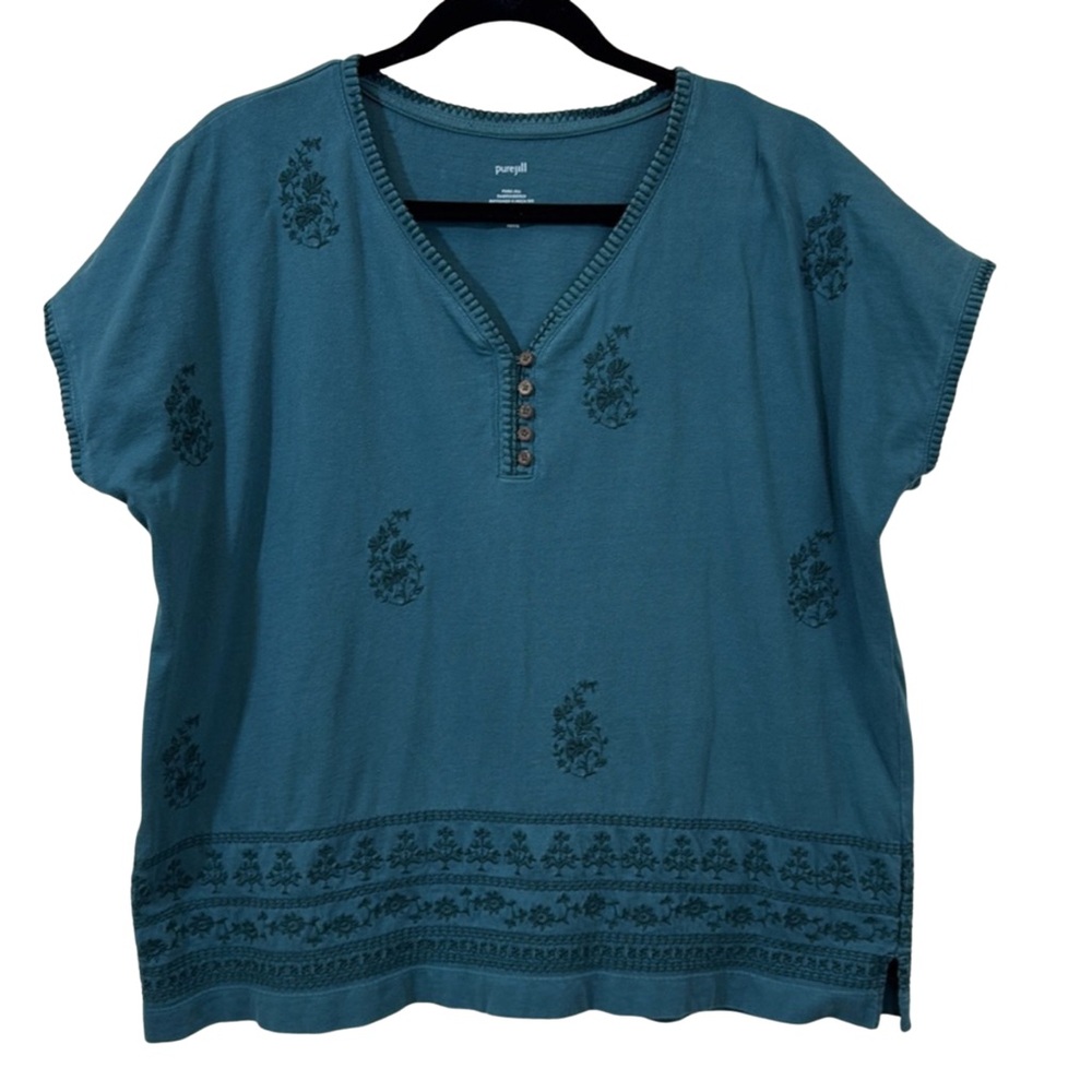 Pure‎ Jill Green Cotton Embroidered Henley V-Neck Tee Size MP